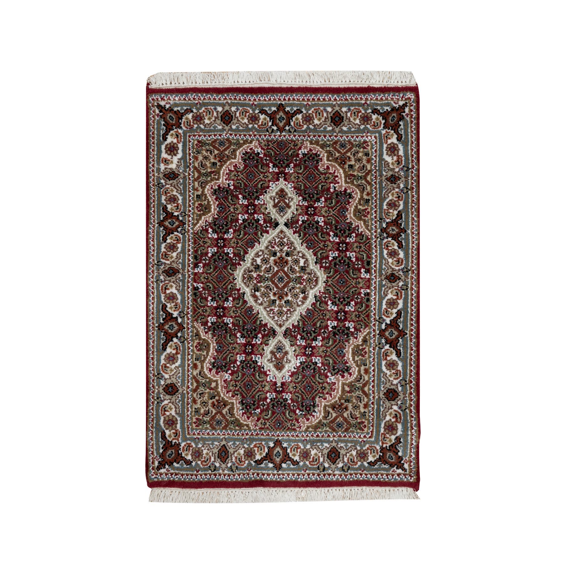 2'x3' Carmine Red, Hand Knotted, Tabriz Mahi with Fish Medallion Design, Soft Wool, Hand Knotted, Densely Woven, Mat, Oriental Rug